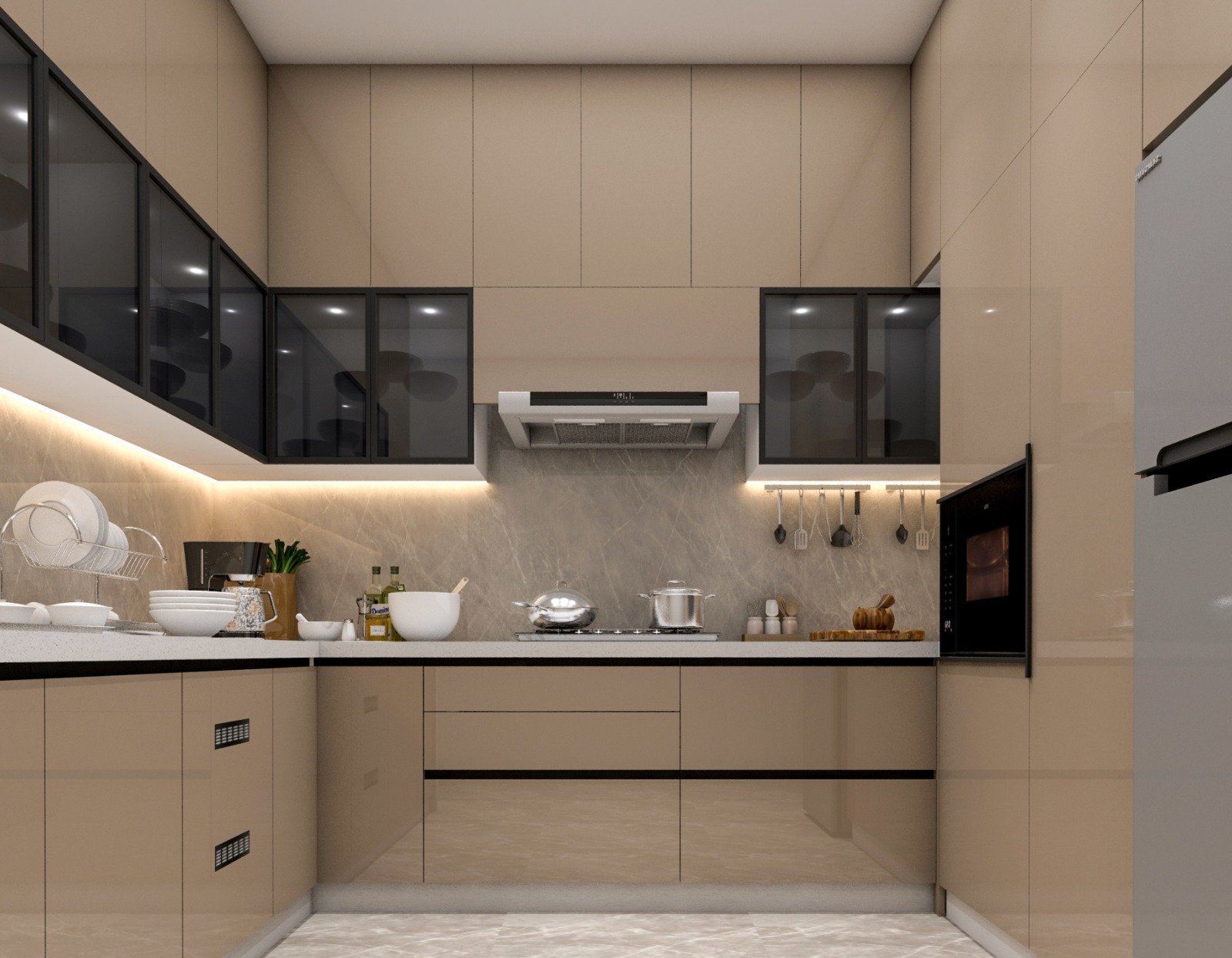 Warm neutral U-shaped kitchen by Vastva Studio